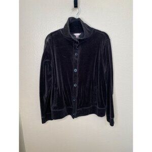 White Stag Black Velour Button-Up Jacket Womens XL Soft Ribbed Collar Cotton